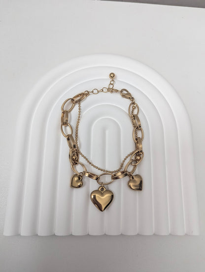 bracelet doré 3 cœurs, double chaines