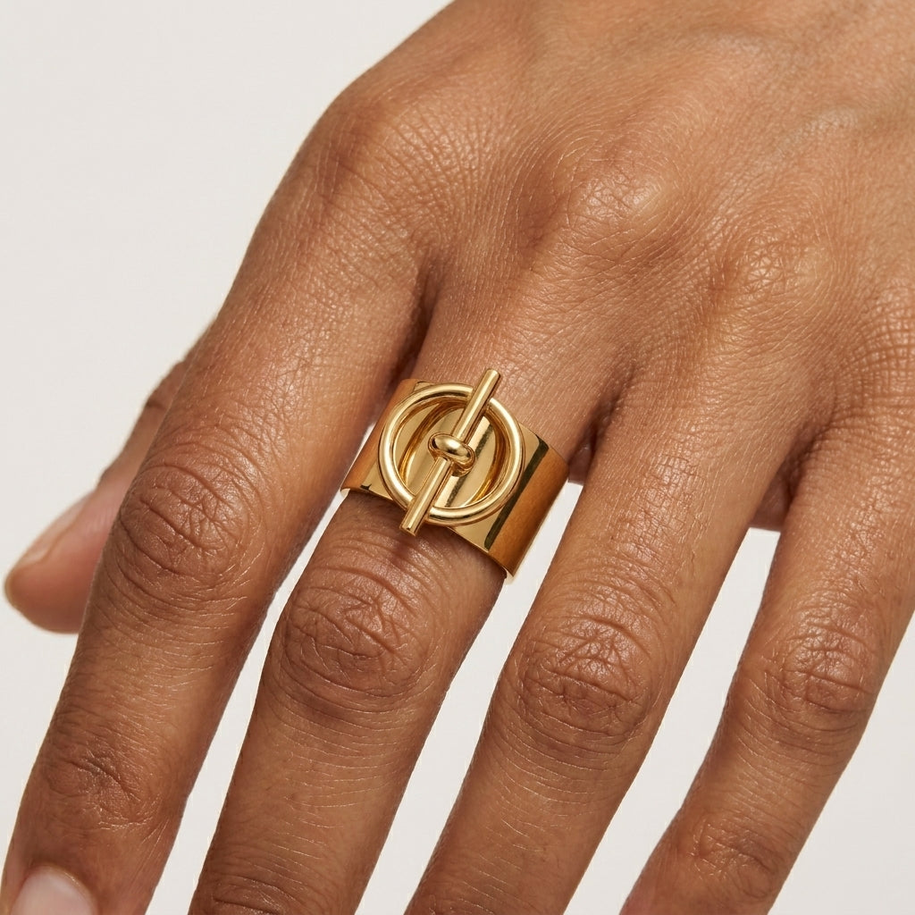 Bague Axis large anneau doré acier inoxydable Soléa - vue 2