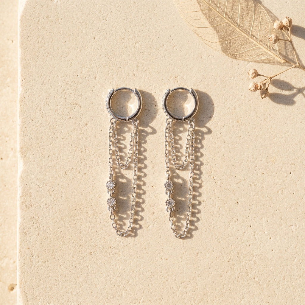 Boucles d'oreilles Luna double chaîne pampilles Soléa - vue 4