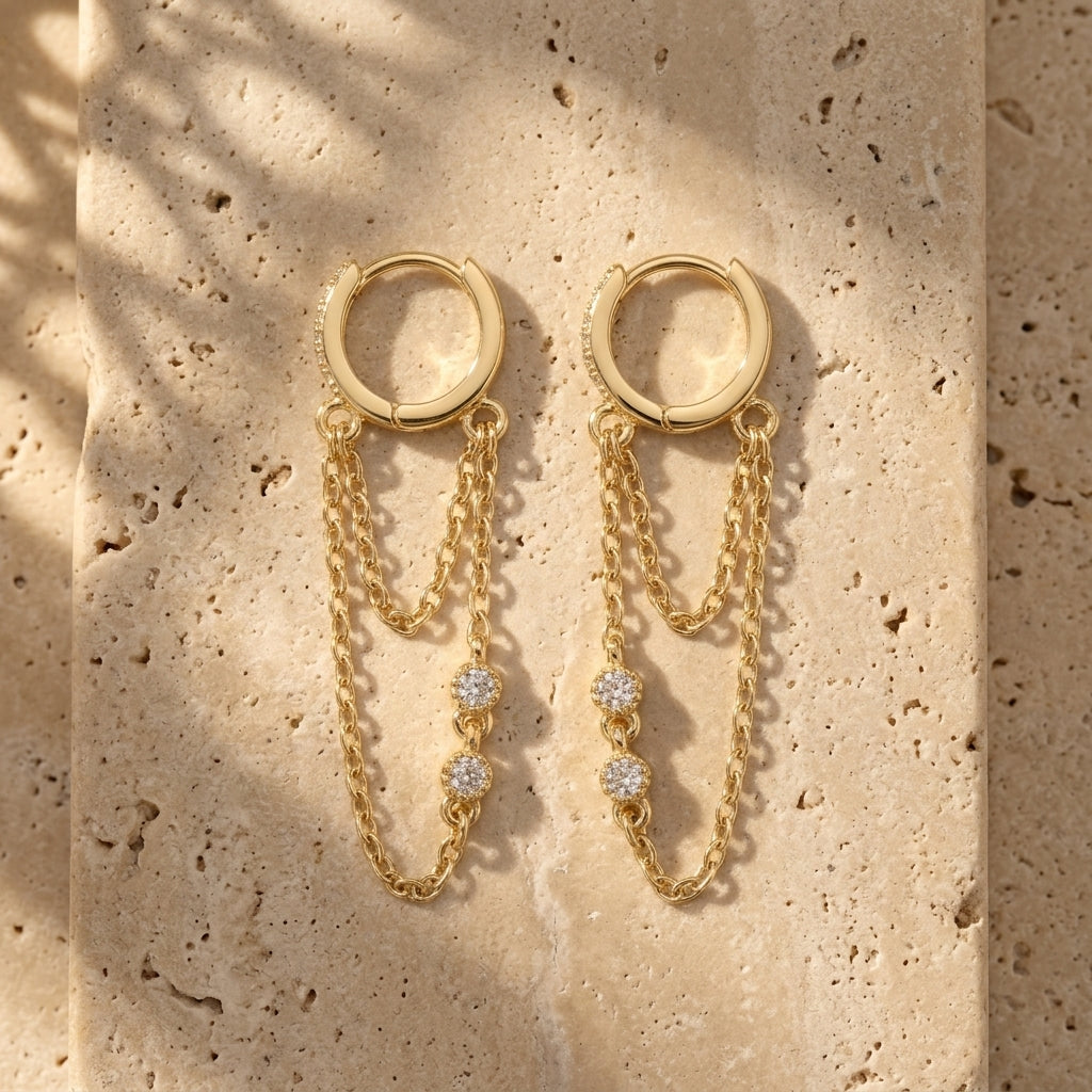 Boucles d'oreilles Luna double chaîne pampilles Soléa - vue 1