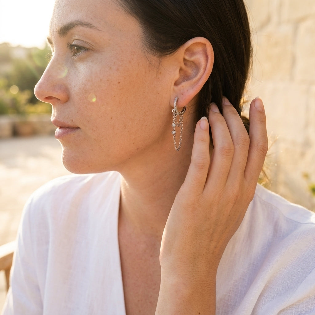 Boucles d'oreilles Luna double chaîne pampilles Soléa - vue 6