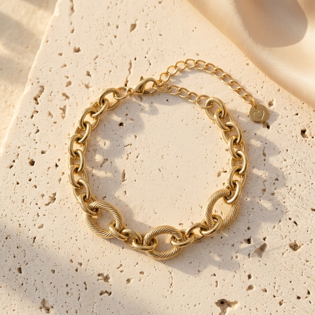 Bracelet Maïa maillons texturés et torsadés dorés médaillon cœur Soléa - vue produit 2