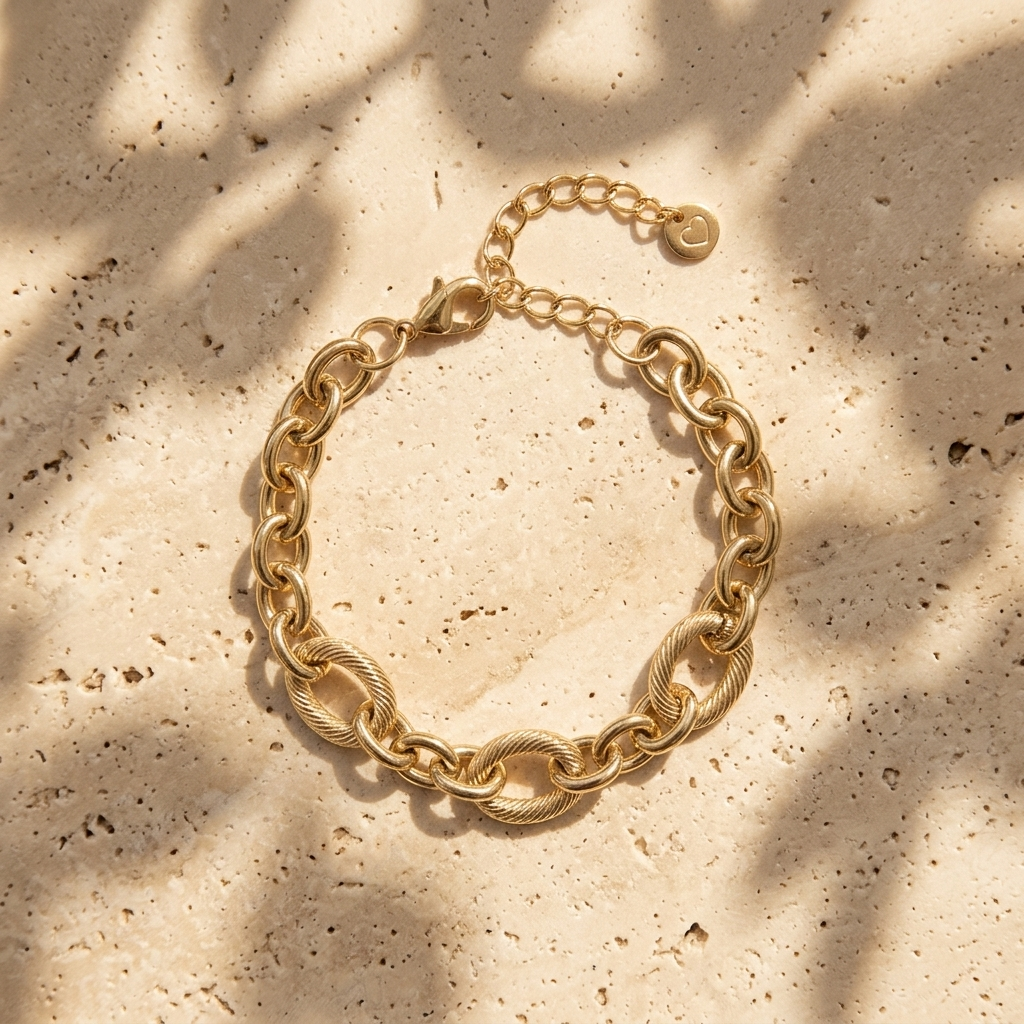 Bracelet Maïa maillons texturés et torsadés dorés médaillon cœur Soléa - vue produit 1